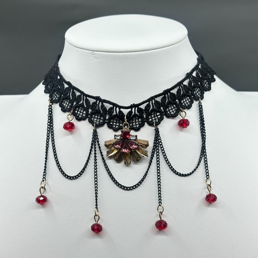Gothic Black Lace Choker Necklace Red Crystal Bee Pendant Draped Chain Vintage